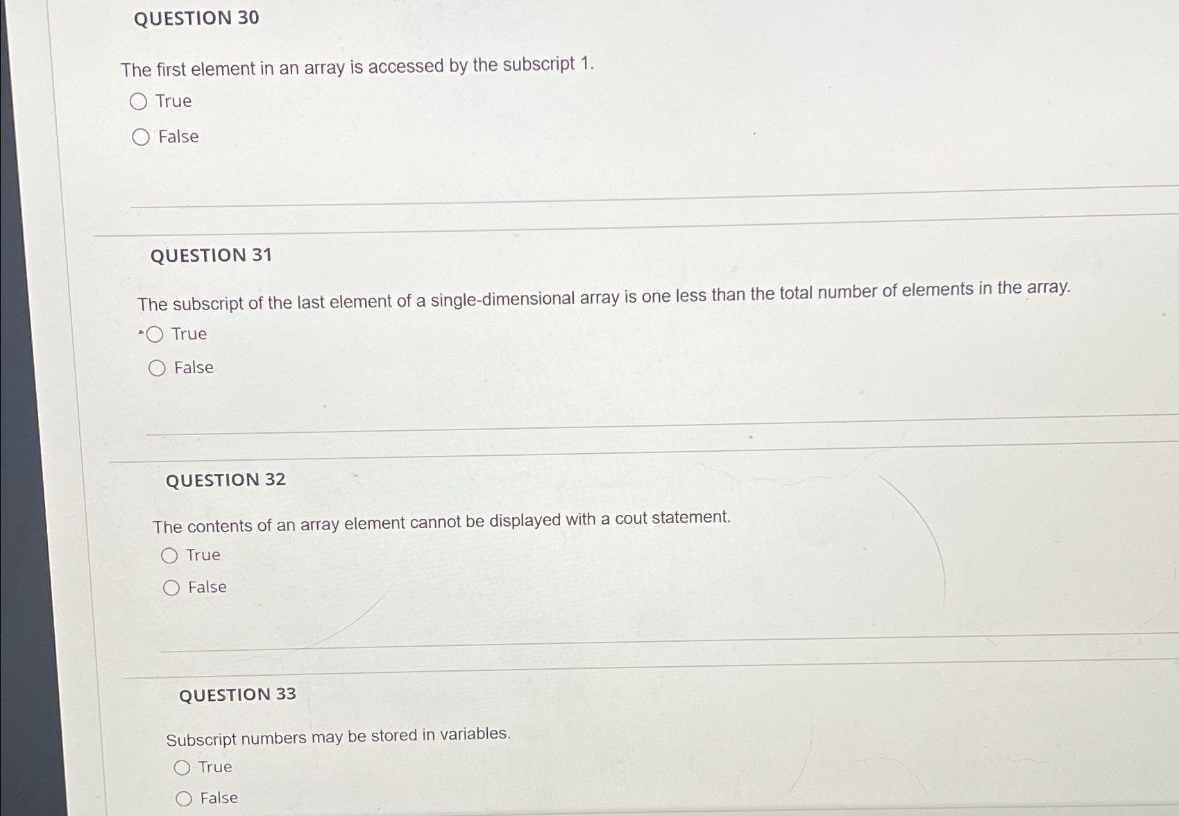  QUESTION 30 The first element in an array is accessed by