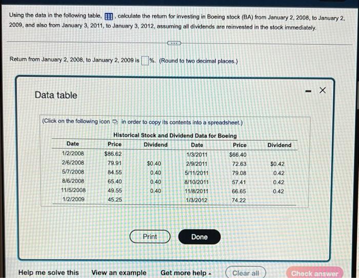  Using the data in the following table, calculate the return for