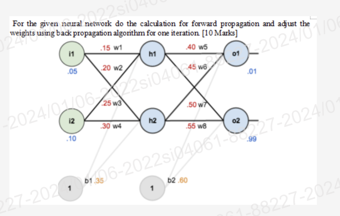  For the given neural network do the calculation for forward propagation