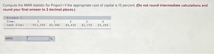 Compute the MIRR statistic for Project I if the appropriate cost
