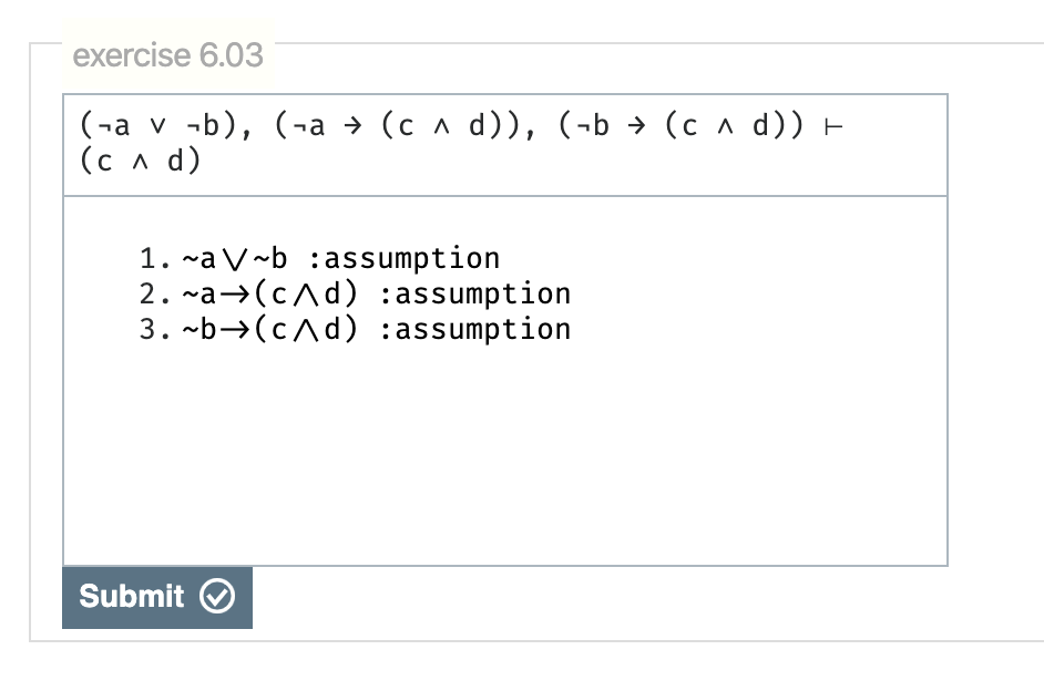 exercise 6.03 (-a v -b), (-a + (c 1 d)), (-b