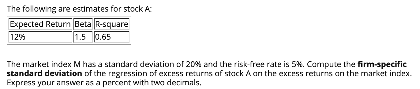  The following are estimates for stock A: Expected Return Beta R-square