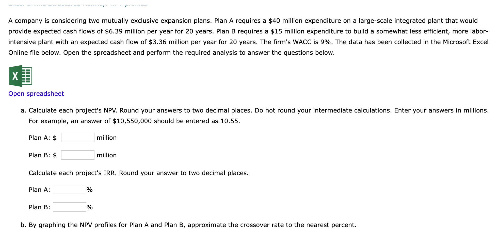 A company is considering two mutually exclusive expansion plans. Plan A requires