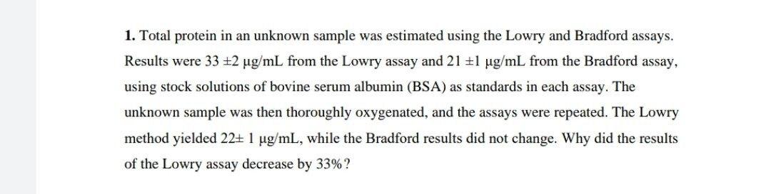  1. Total protein in an unknown sample was estimated using the
