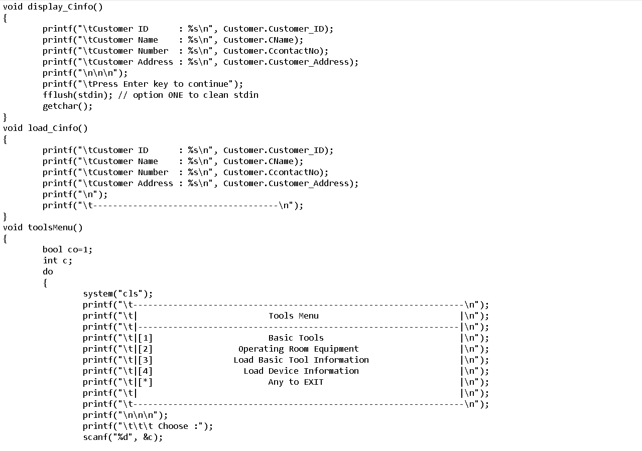 void display_cinfo(); void display_Tinfo(); void display_Operation Room Tools(); 1/load and display back
