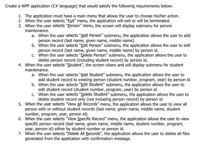  using C# language, a WPF application will be made with the