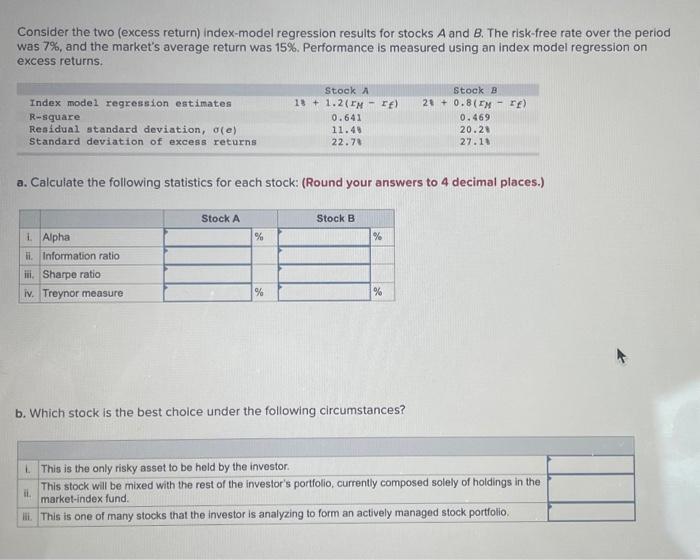 Consider the two (excess return) index-model regression results for stocks A