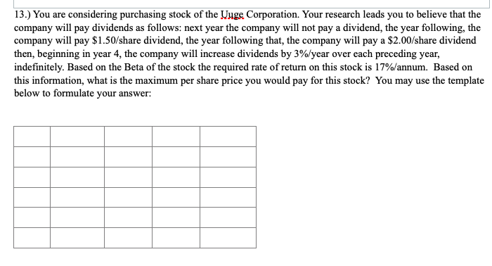  Please use a similar table. 13.) You are considering purchasing stock