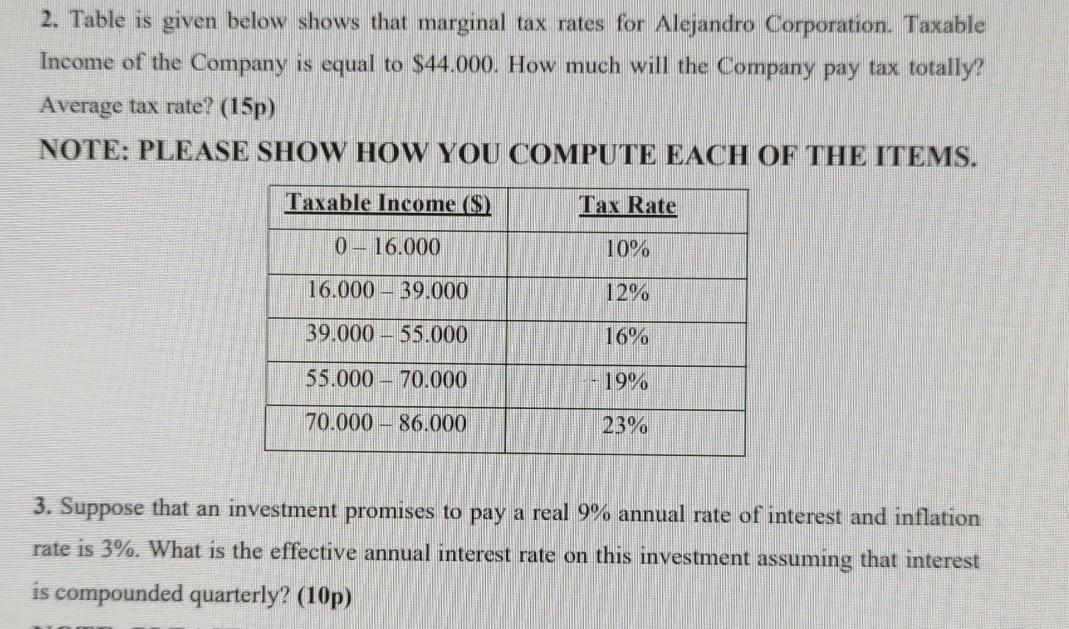  2. Table is given below shows that marginal tax rates for