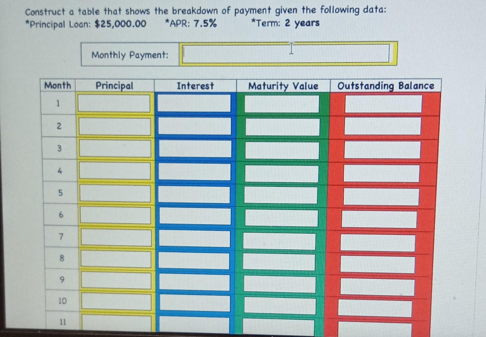  help solve these diminishing loans Construct a table that shows the