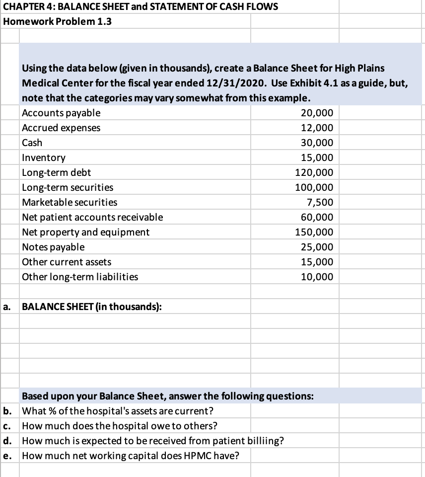 Must show all work. CHAPTER 4: BALANCE SHEET and STATEMENT OF CASH