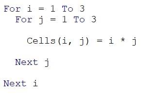 j=1 To 10 Cells (i,j)=ij Next j If ( j>3) Then Exit