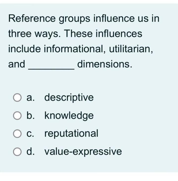  Reference groups influence us in three ways. These influences include informational,