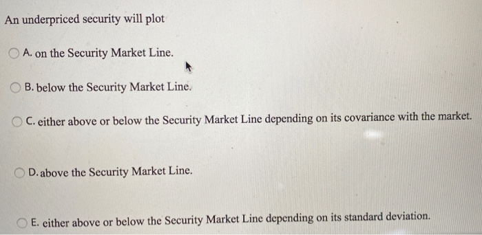  An underpriced security will plot A. on the Security Market Line.