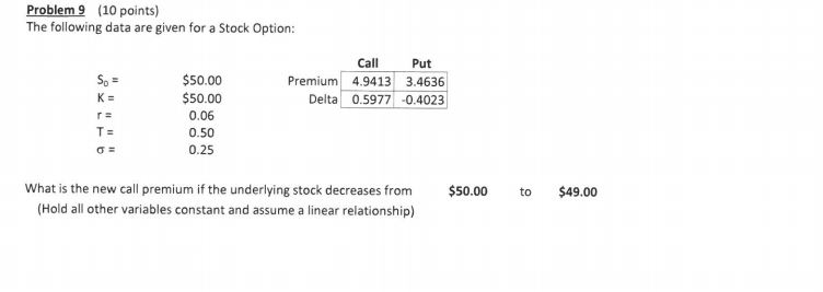  Problem 9 (10 points) The following data are given for a