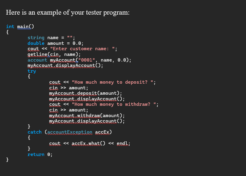 I need help with this C++ problem: create an exception class and