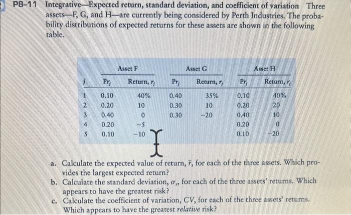  11 Integrative-Expected return, standard deviation, and coefficient of variation Three assets-F,