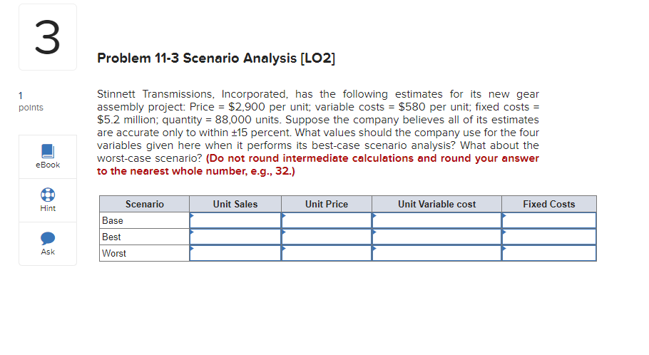  Problem 11-3 Scenario Analysis [LO2] Stinnett Transmissions, Incorporated, has the following