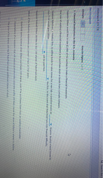  Search this Homework (Ch 13) Attempts: 13 Keep the Highest: 1313