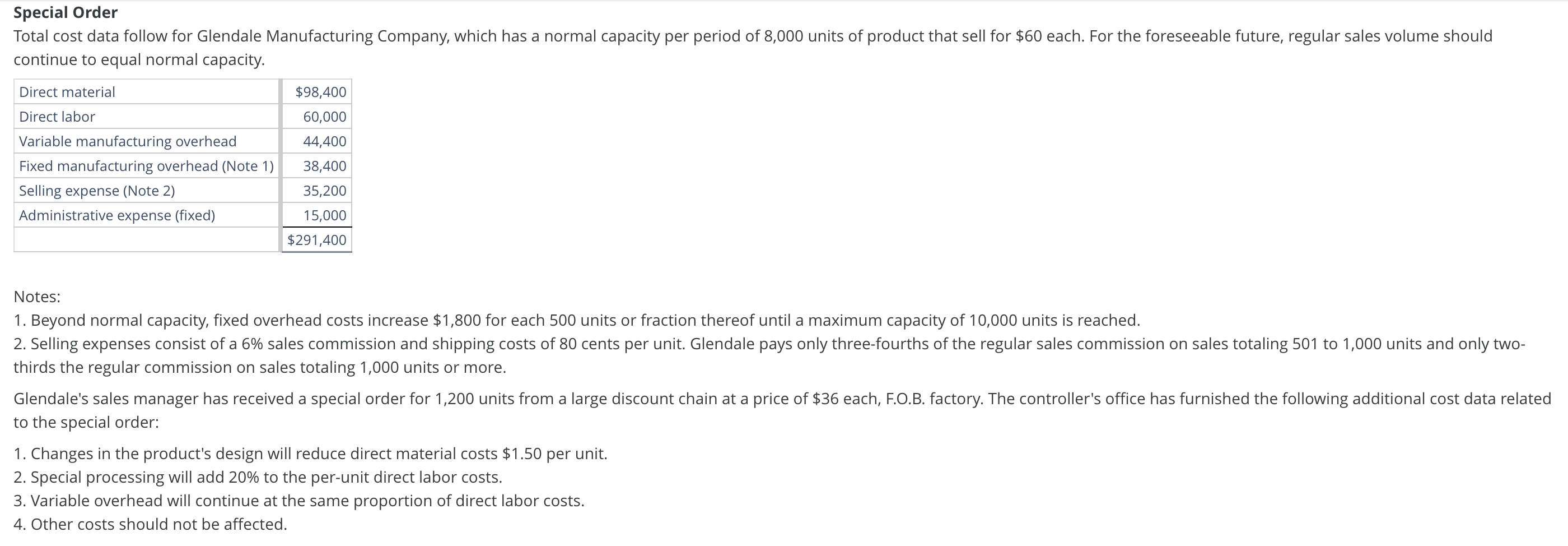  Special Order a. Present an analysis supporting a decision to accept