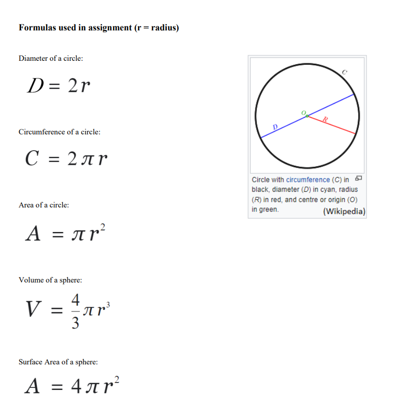 volume and surface area of a sphere of that radius (equations are
