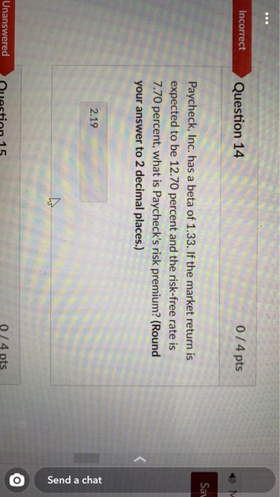  Incorrect Question 14 074 pts Sau Paycheck, Inc. has a beta