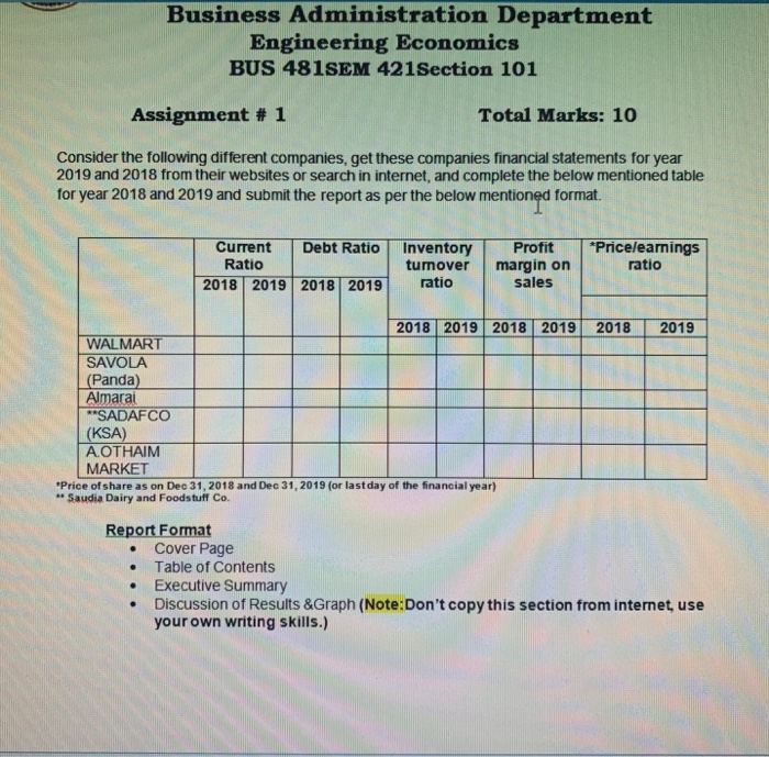  Business Administration Department Engineering Economics BUS 481SEM 421Section 101 Assignment #