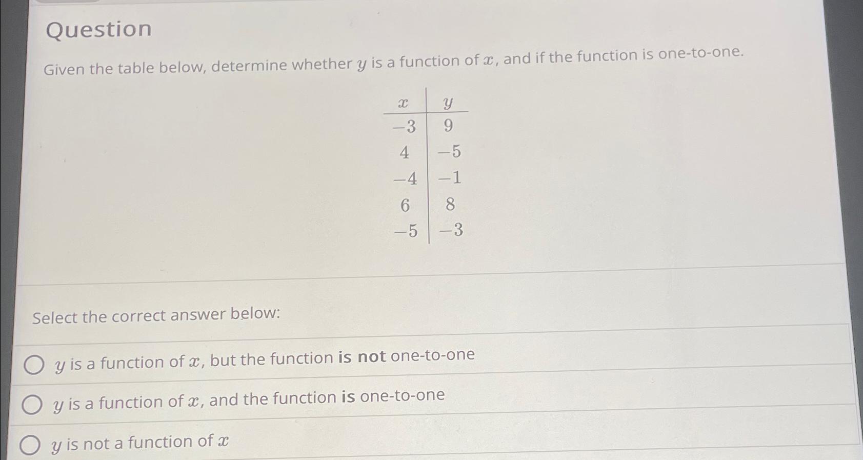  Question Given the table below, determine whether y is a function
