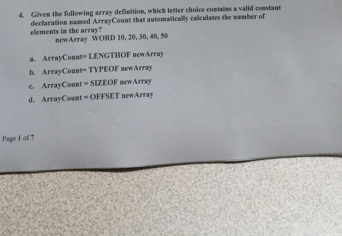 show all the work Given the following array definition, which letter choice
