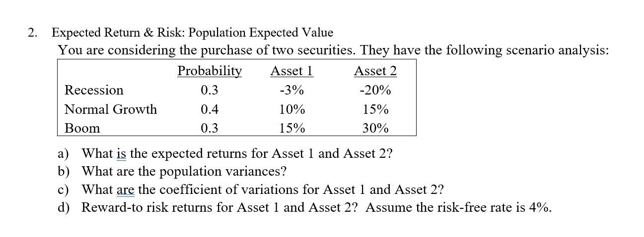  2. Expected Return & Risk: Population Expected Value You are considering