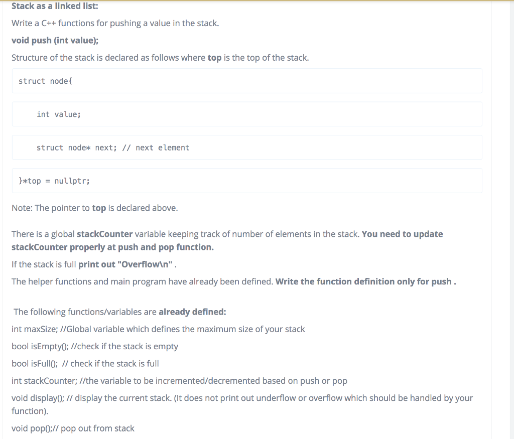 Stack as a linked list: Write a C++functions for pushing a