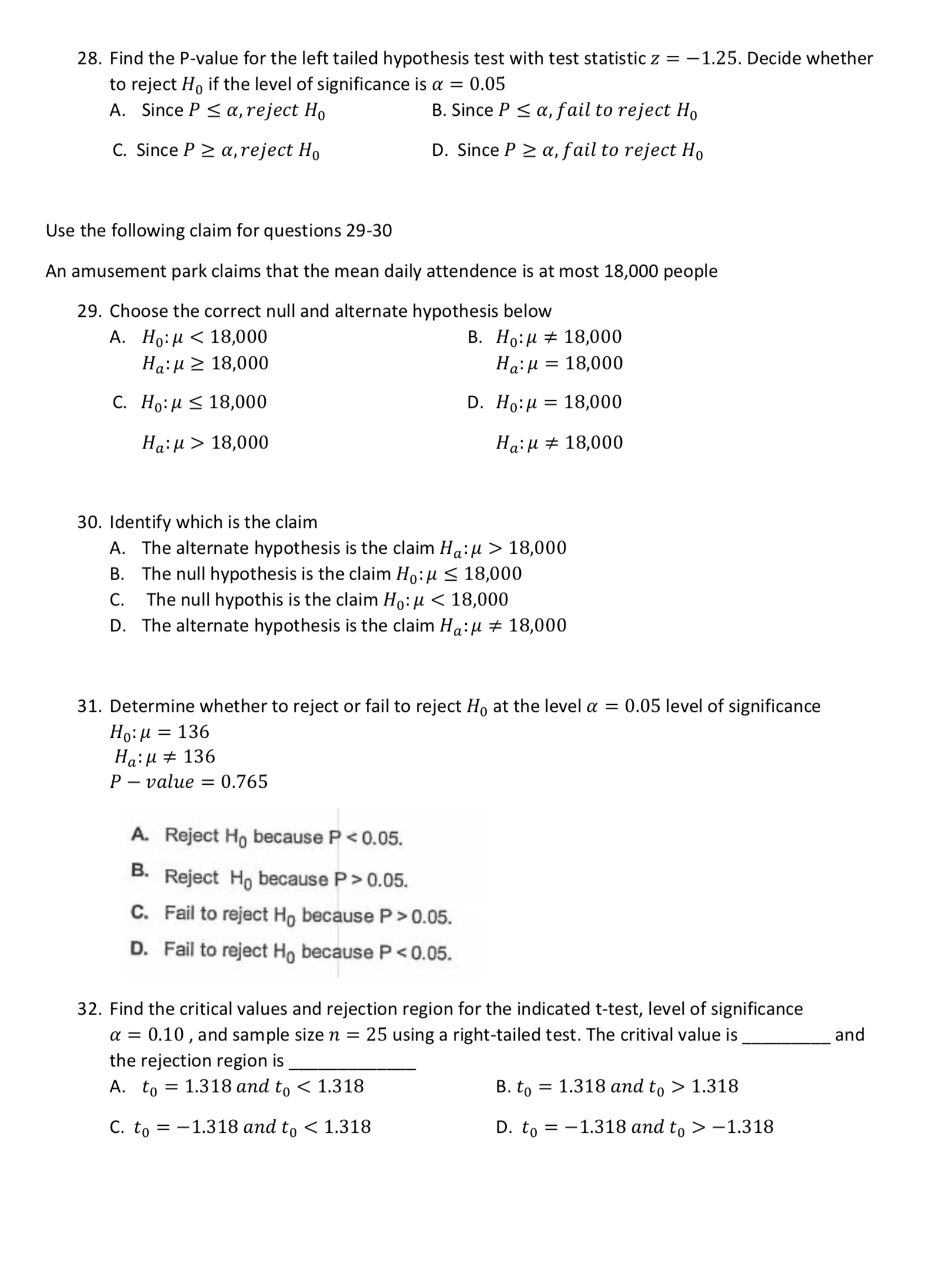  Find the P-value for the left tailed hypothesis test with test