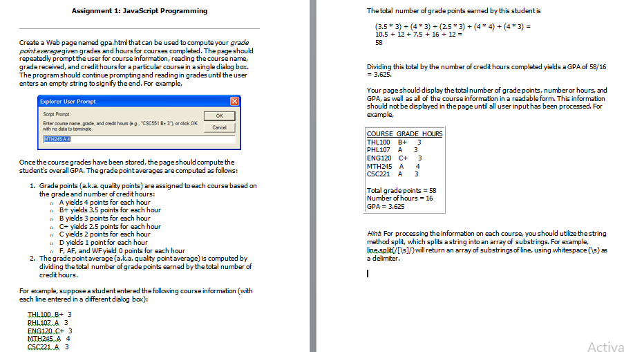  Assignment 1: JavaScript Programming The total number of grade points earned