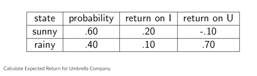 Calculate Expected Return for Umbrella Company