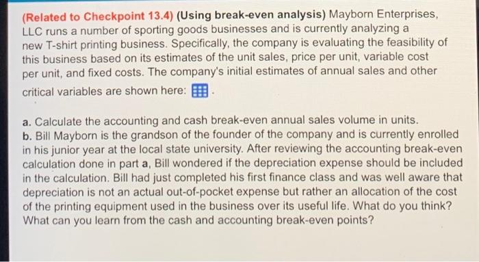 please full work (Related to Checkpoint 13.4) (Using break-even analysis) Mayborn Enterprises,