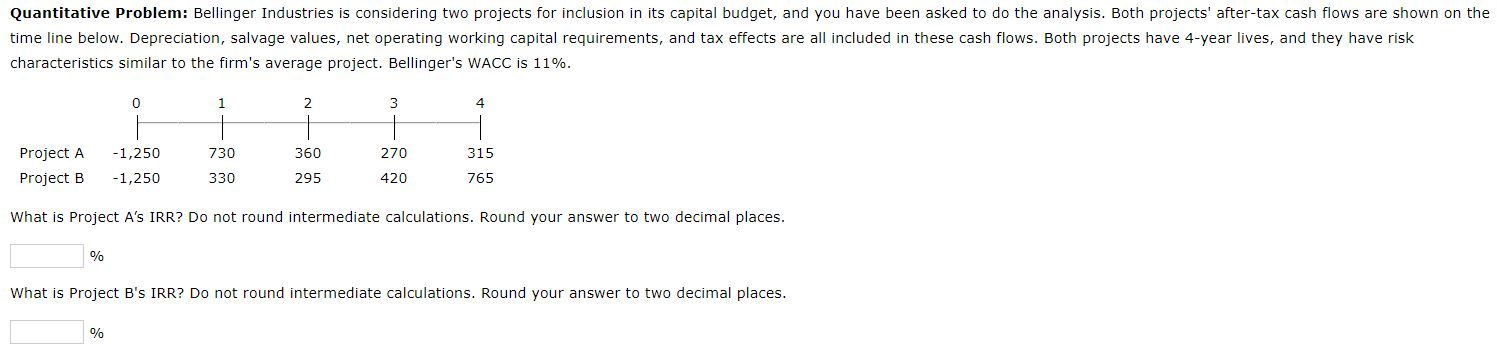 Quantitative Problem: Bellinger Industries is considering two projects for inclusion in