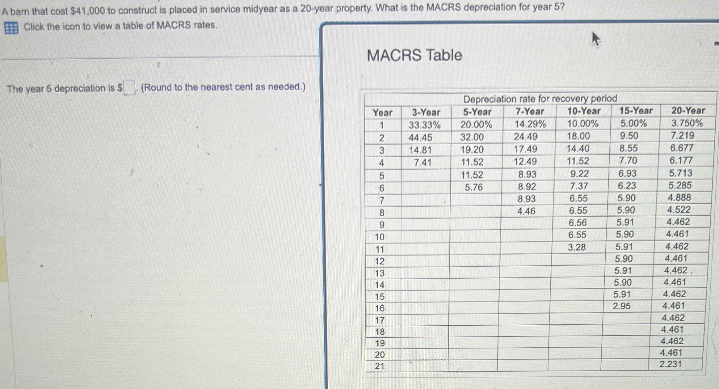  A barn that cost $41,000 to construct is placed in service