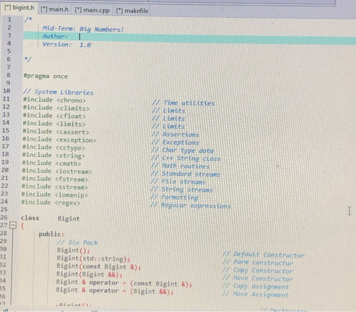  Hello, I attached bigint.h, main.h , main.cpp, example output and makefile.