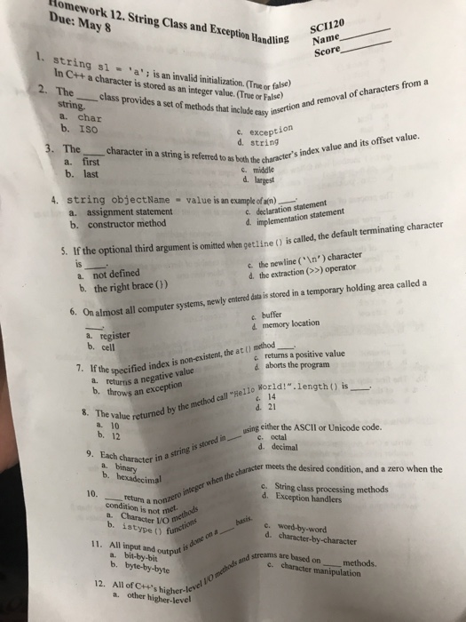  lomework 12. Stringandor SCI120 Name Score ndling string s1 a': is