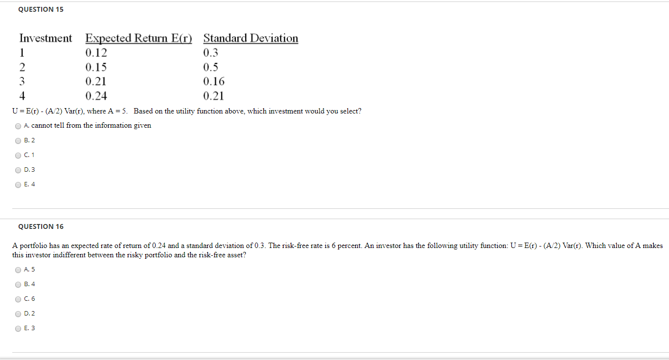 QUESTION 15 Investment Expected Return E(r) Standard Deviation 0.12 0.3 0.15