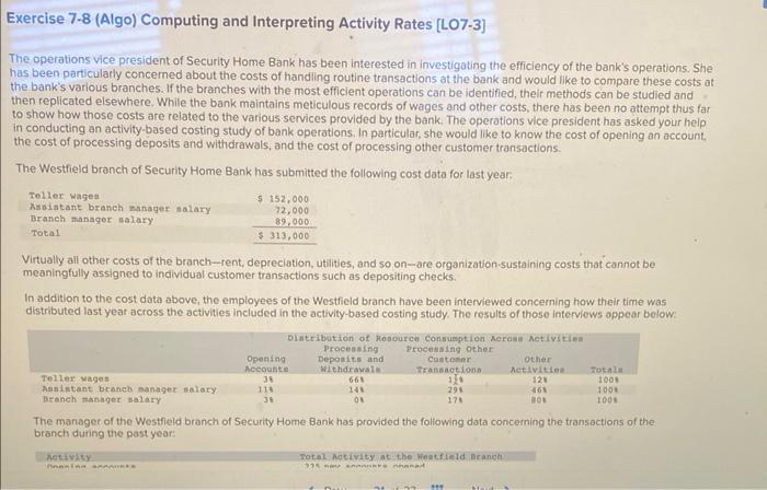  Exercise 7.8 (Algo) Computing and Interpreting Activity Rates [LO7-3] The operations