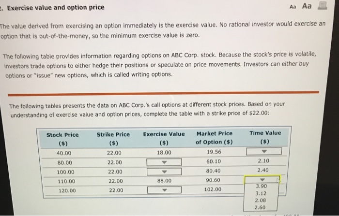  . Exercise value and option price Aa Aa The value derived