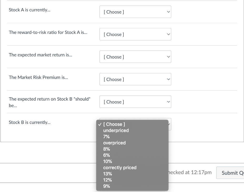 CAPM and SML are valid. Match the following items. You will not