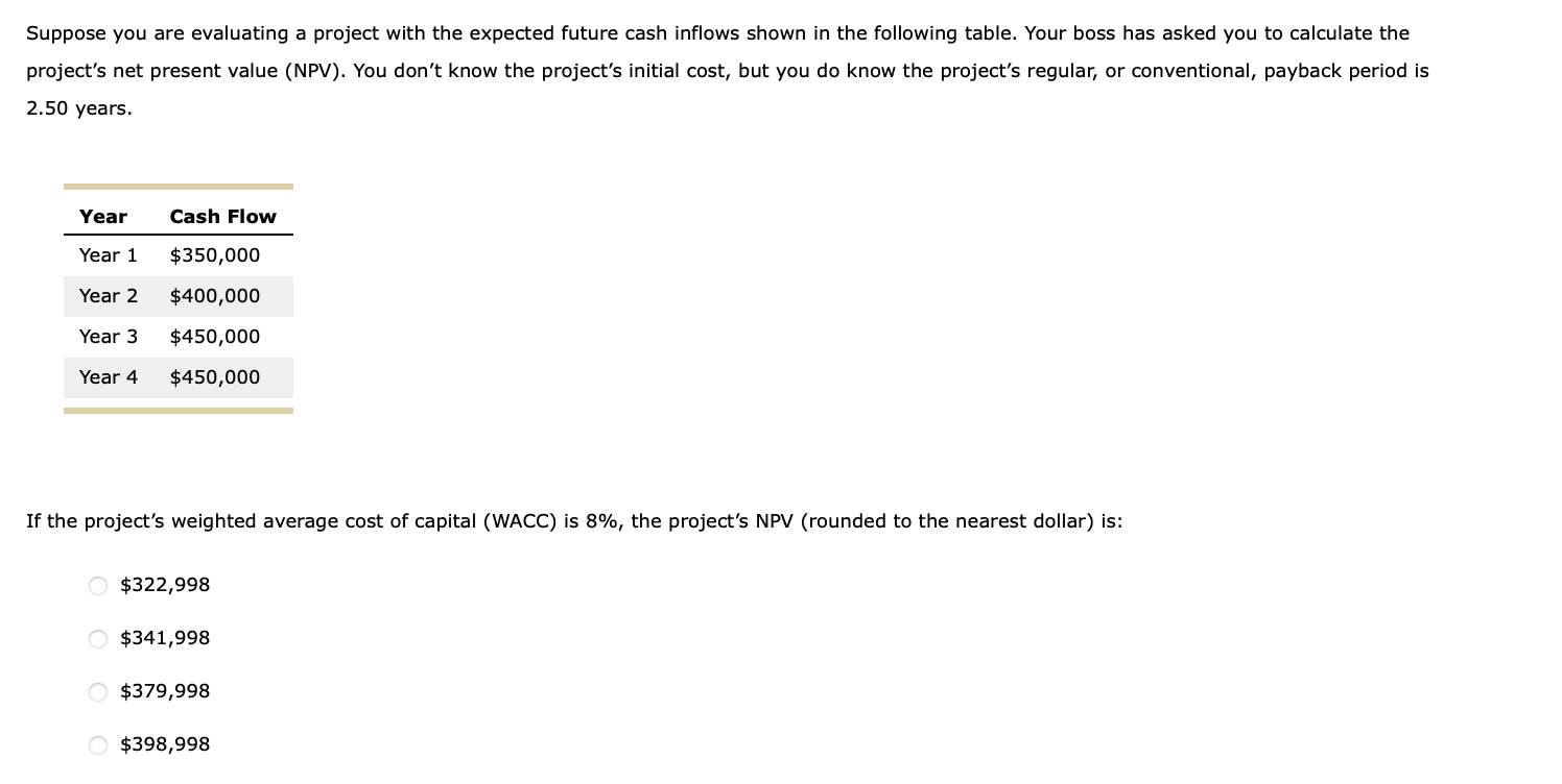  Suppose you are evaluating a project with the expected future cash