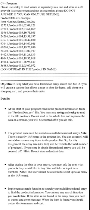  C+ Program Please use seekg to read values in separately in
