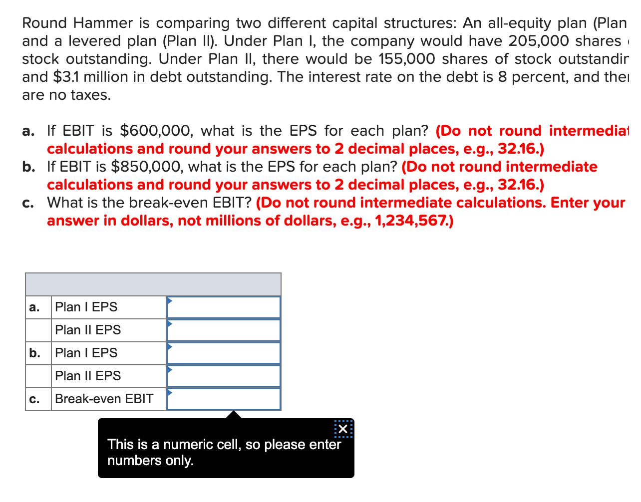 Round Hammer is comparing two different capital structures: An all-equity plan