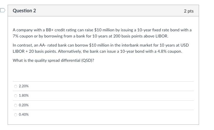  D Question 2 2 pts A company with a BB+ credit