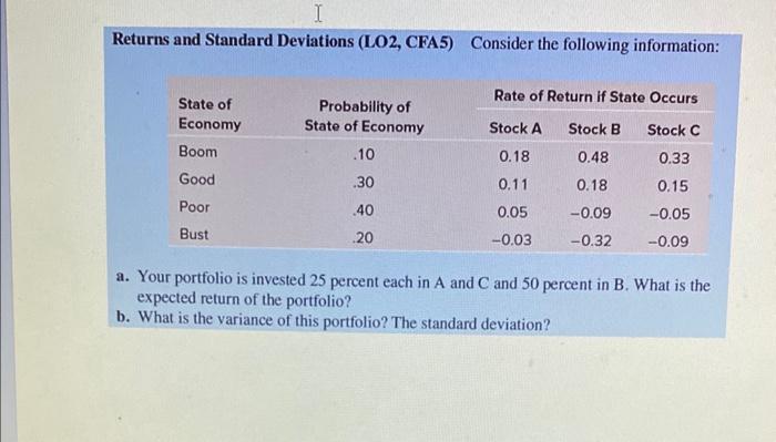  Returns and Standard Deviations (LO2, CFA5) Consider the following information: a.