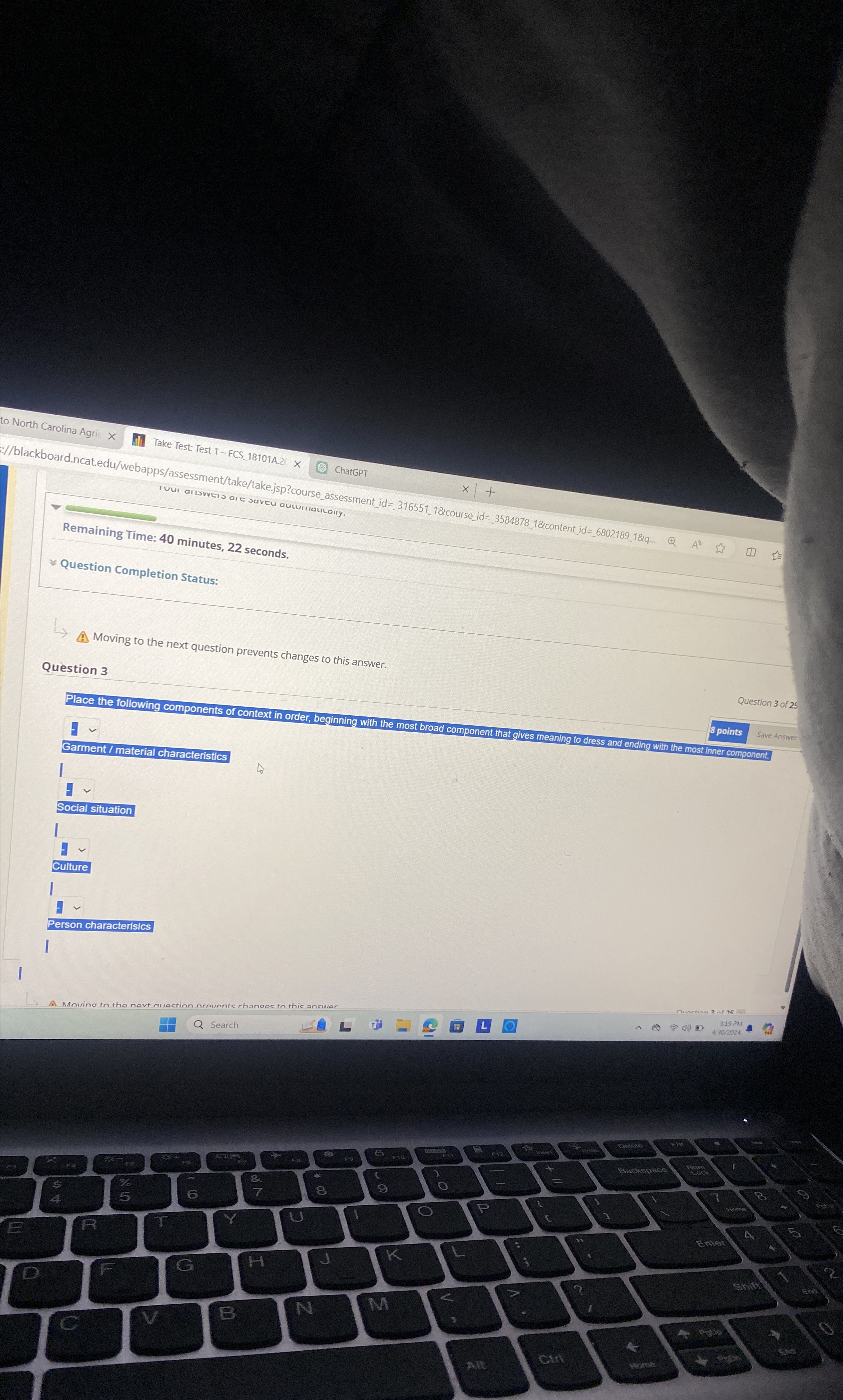  Take Test: Test 1- FCS_18101A.2C ChatGPT ivul alswent/take/take.jsp?course_assessmentid=x|+| Remaining Time: 40