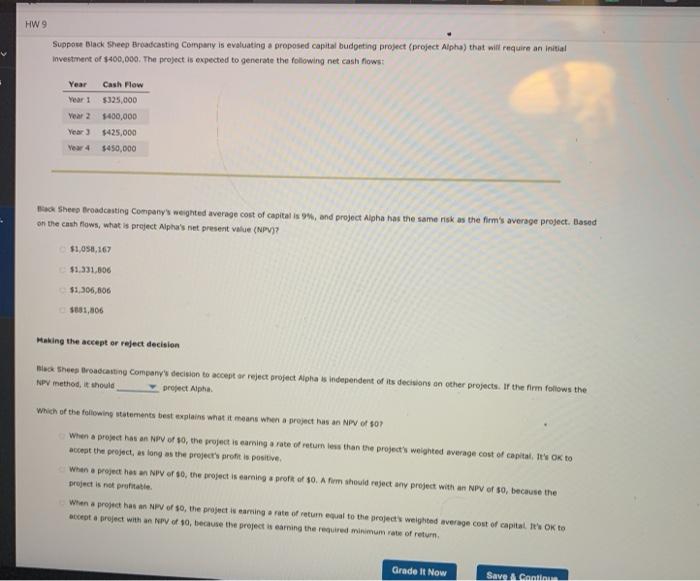  HW 9 Support Black Sheep Broadcasting Company is evaluating a proposed